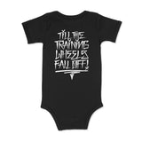 Black baby bodysuit onesie with white street-style graphic text on the back