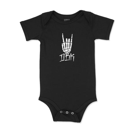 Black baby bodysuit onesie with centered white hand graphic on the front