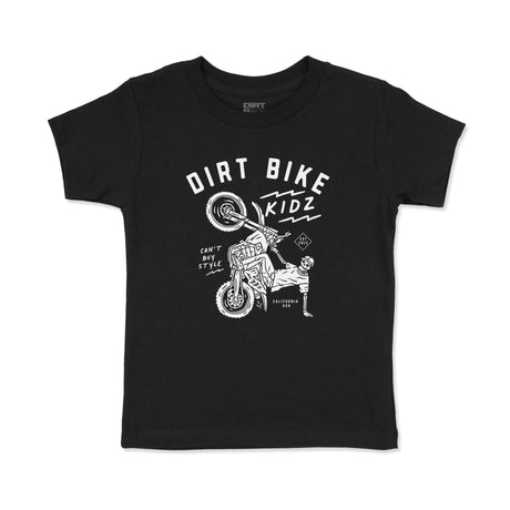Black toddler T-shirt with white bike rider graphic, short sleeves and crew neck