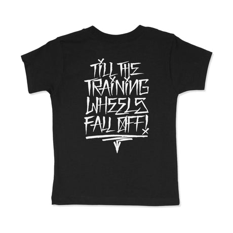 Black toddler T-shirt with large white back graphic and emblem line