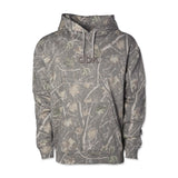 Backwoods hoodie in gray and tan camouflage with hood and front drawstring, kangaroo pocket