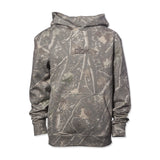 Youth camouflage pullover hoodie with front kangaroo pocket and hood.