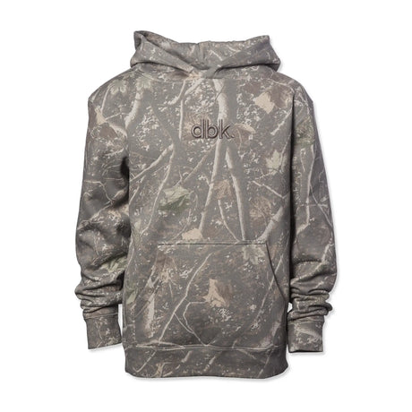 Youth camouflage pullover hoodie with front kangaroo pocket and hood.