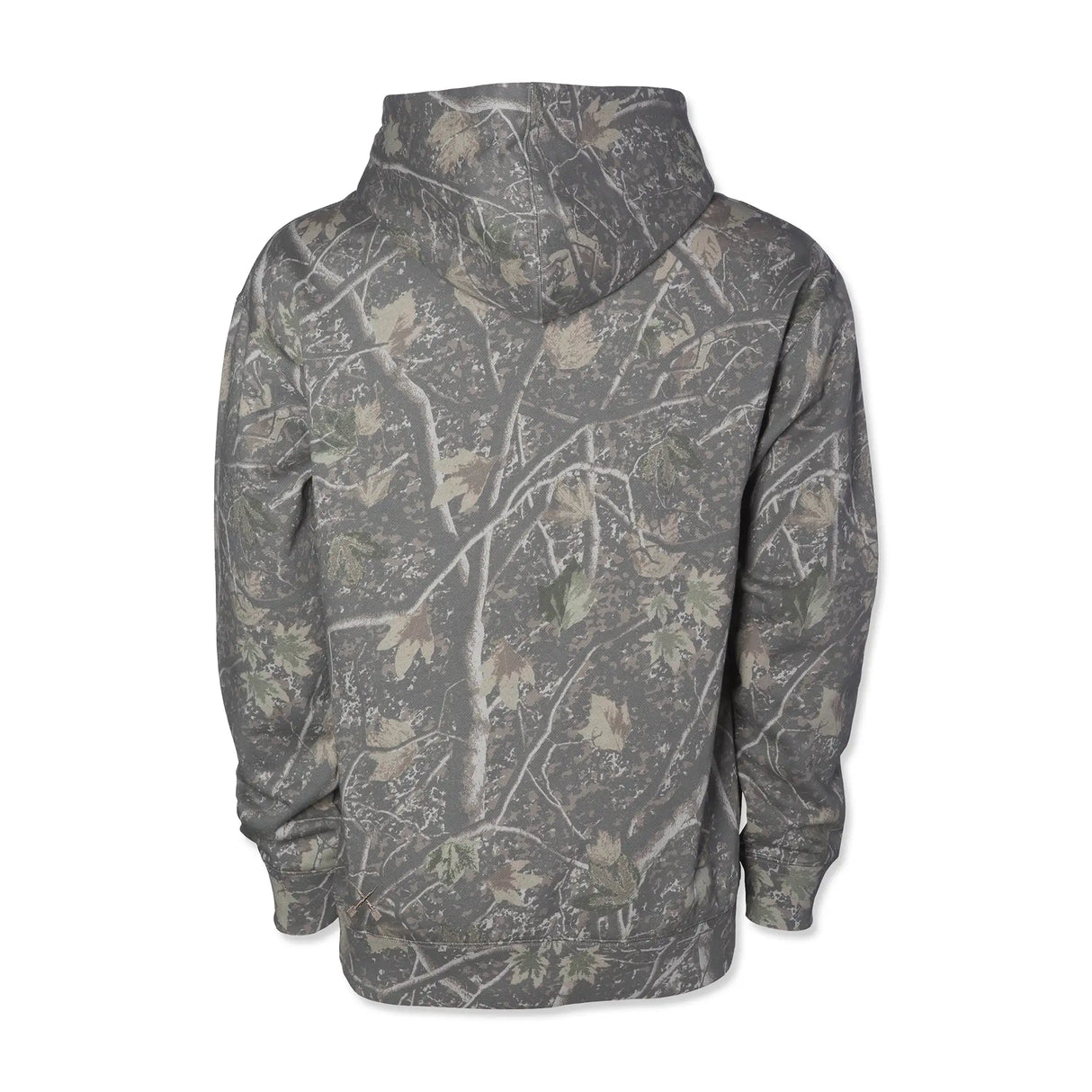 Backwoods hoodie with gray camo print, pullover hood, and long sleeves