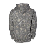 Backwoods hoodie with gray camo print, pullover hood, and long sleeves