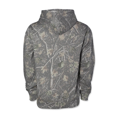 Backwoods hoodie back view, dark camouflage pattern and raised hood