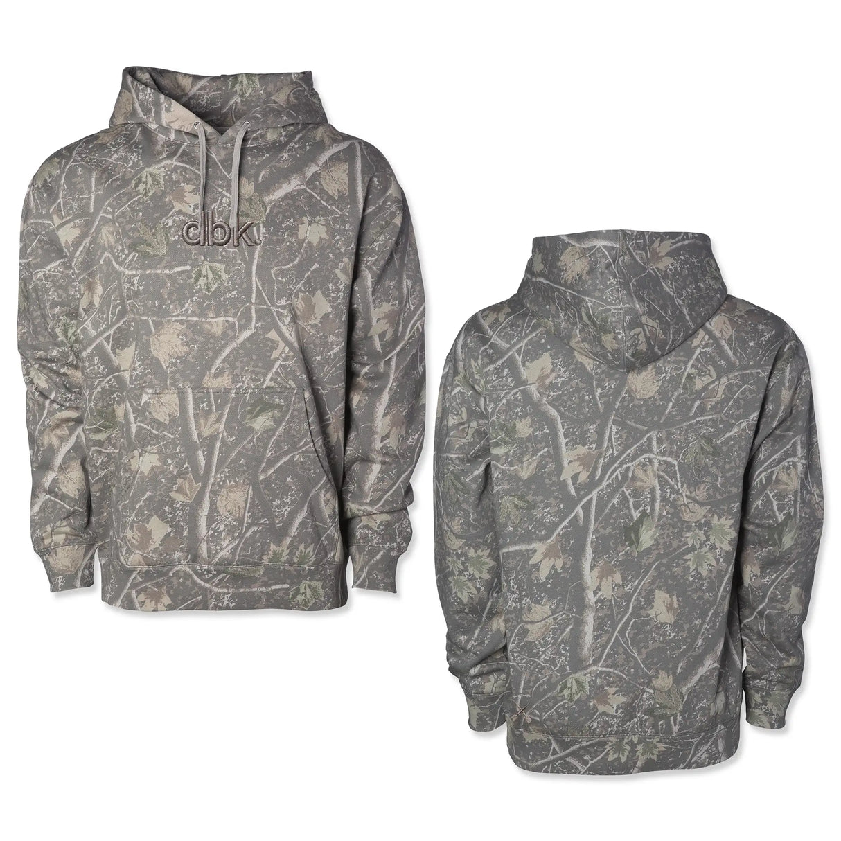 Backwoods hoodie in gray camo print with hood and front kangaroo pocket