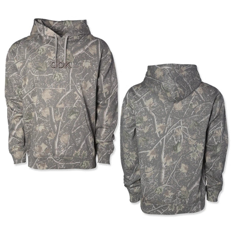 Backwoods hoodie in dark camouflage print, front pouch and drawstring hood