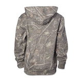 Youth camouflage pullover hoodie back view with pullover hood.