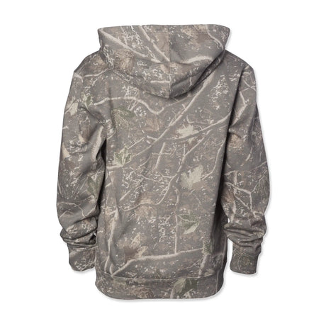 Youth camouflage pullover hoodie back view with pullover hood.
