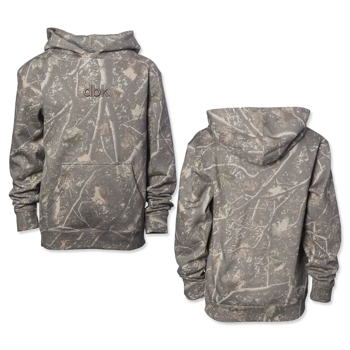 Youth camouflage hoodie with pullover hood and front kangaroo pocket, dbk logo.