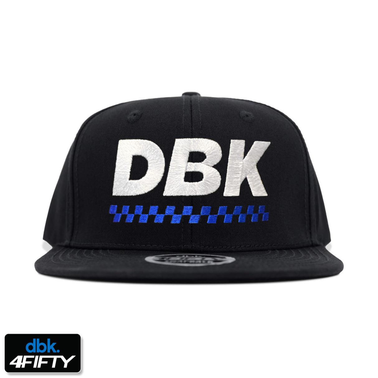 Black snapback cap with DBK logo and blue check stripe on front panel