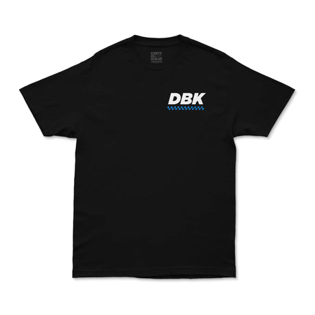 Black crewneck T-shirt with DBK chest logo and blue checker underline