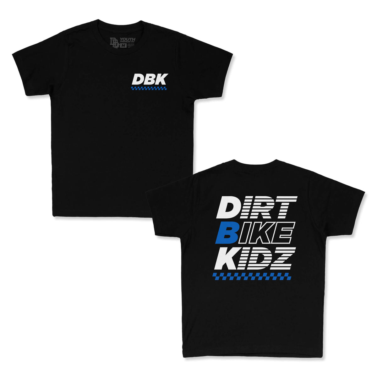 Youth premium tee set, black knit; one front with DBK logo, one front with DRT BIKE KIDZ