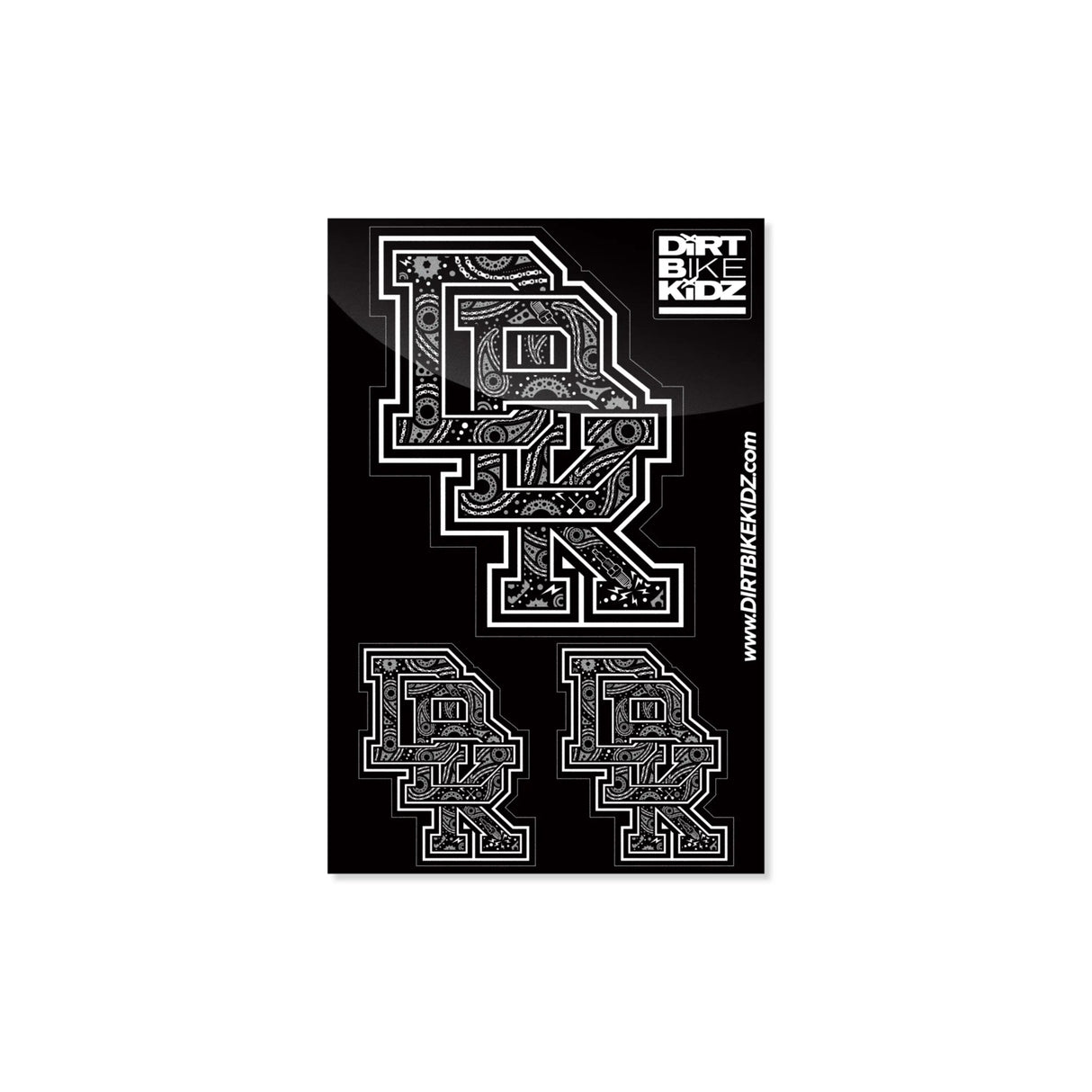 Bandana sticker pack sheet with black-and-white letter graphics, four stickers
