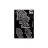 Bandana sticker pack sheet with black-and-white letter graphics, four stickers