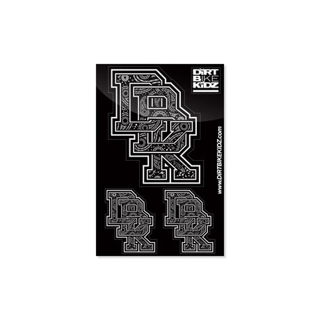 Bandana sticker pack sheet with black-and-white letter graphics, four stickers