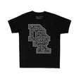 Youth premium tee in black with large white patterned motocross-style letter graphic