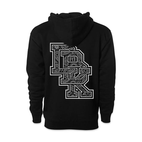 Bandana Hoodie, schwarz, hinten großer Buchstaben-Print in Weiß mit Musterdetails