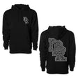 Black hoodie with front kangaroo pocket, drawstring hood, and white logo on chest