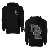 Black hoodie with front kangaroo pocket, drawstring hood, and white logo on chest