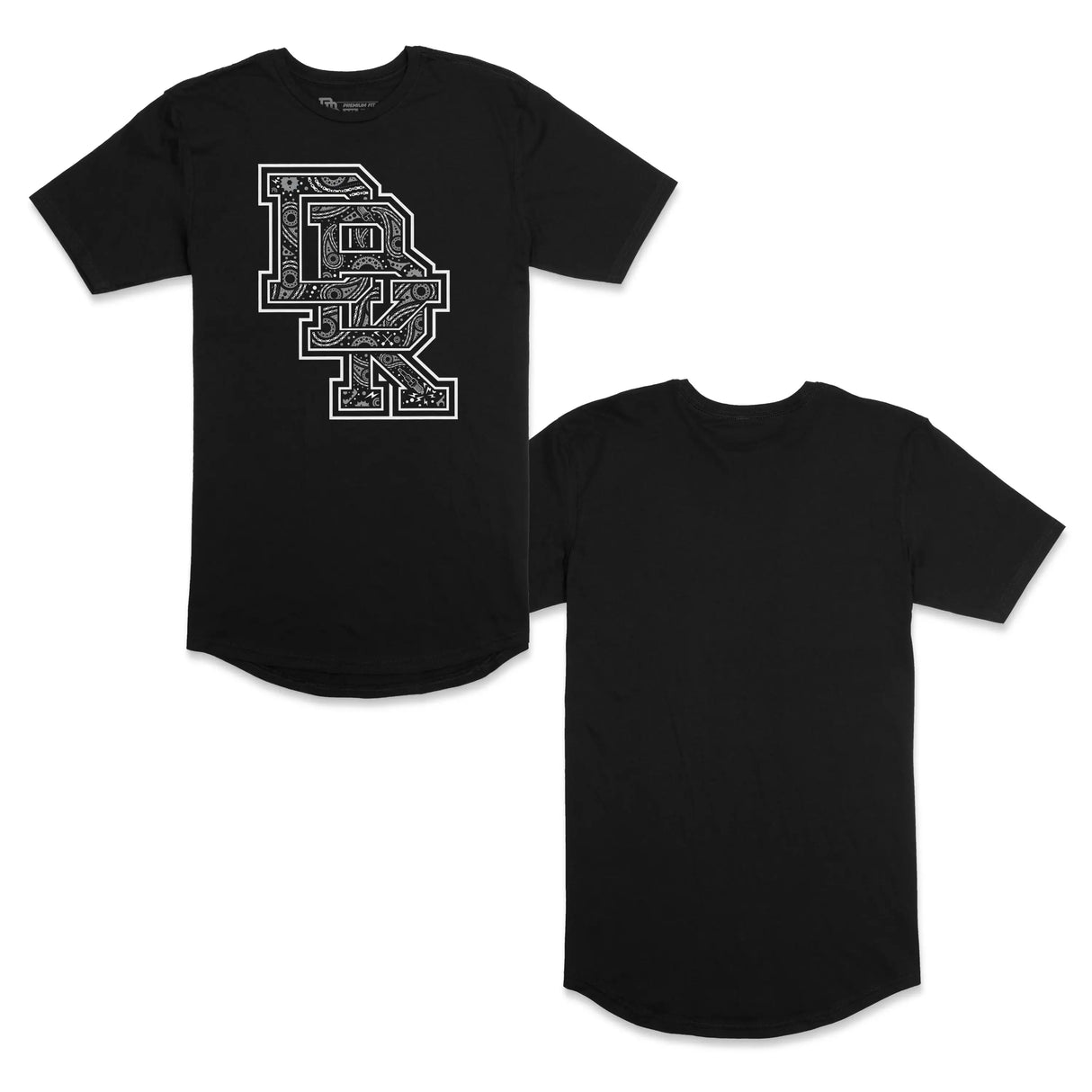 Black tall tee set view with short sleeves and front graphic print