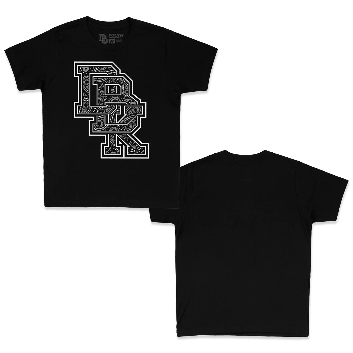 Back of black Dirt Bike Kidz youth premium tee with small chest logo, crew neck