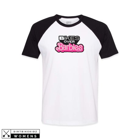 White and black raglan T-shirt with Bikes Over Barbies logo graphic on chest