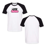 White and black raglan T-shirt showing front logo and plain back
