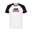 White raglan T-shirt with black sleeves and Bikes Over Barbies logo on chest