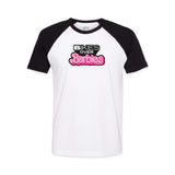 White raglan T-shirt with black sleeves and Bikes Over Barbies logo on chest