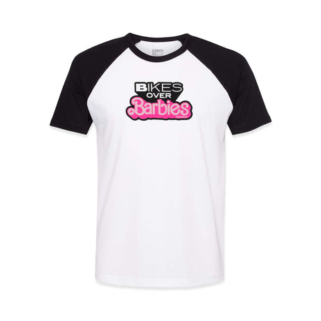 White raglan T-shirt with black sleeves and Bikes Over Barbies logo on chest