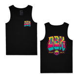 Black tank top with small multicolor chest logo graphic and crew neck