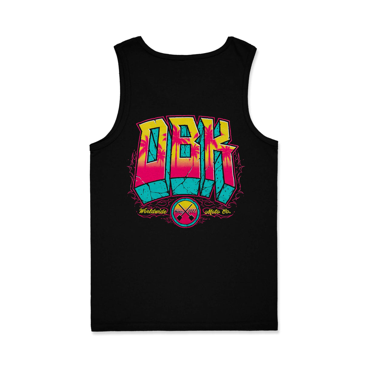 Black tank top with large multicolor back graphic print and sleeveless cut