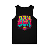 Black tank top with large multicolor back graphic print and sleeveless cut