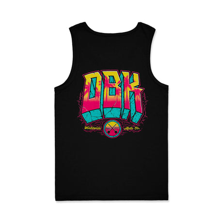 Black tank top with large multicolor back graphic print and sleeveless cut