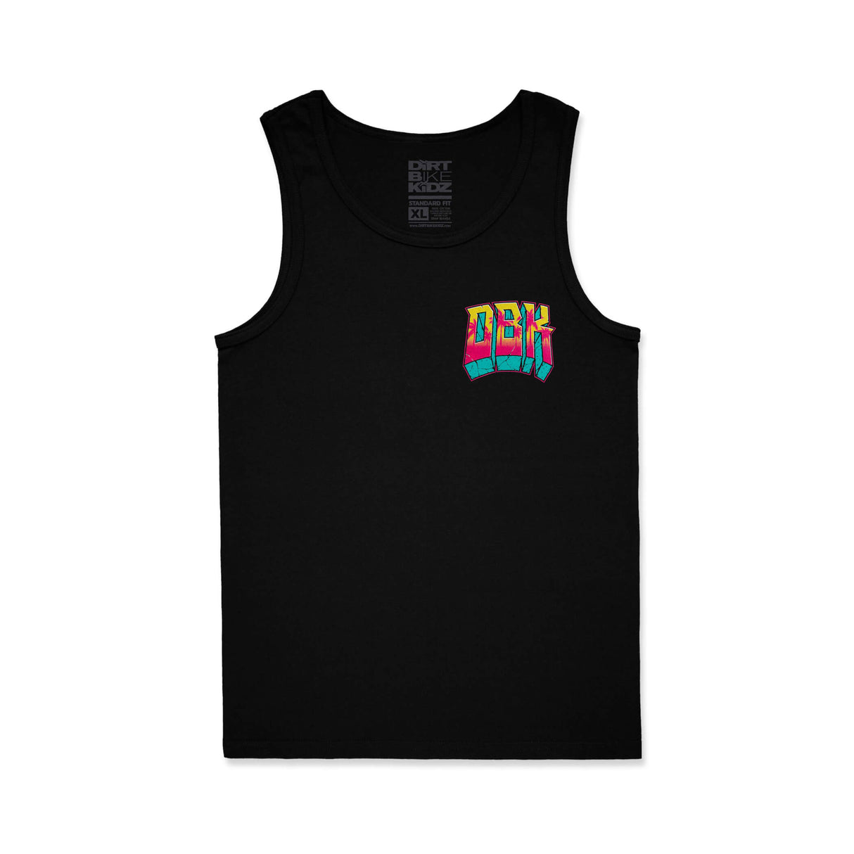 Black tank top with small multicolor chest logo graphic and ribbed neckline