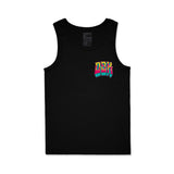 Black tank top with small multicolor chest logo graphic and ribbed neckline