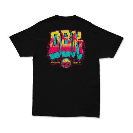 Black T-shirt back view with large multicolor DBK graphic and emblem