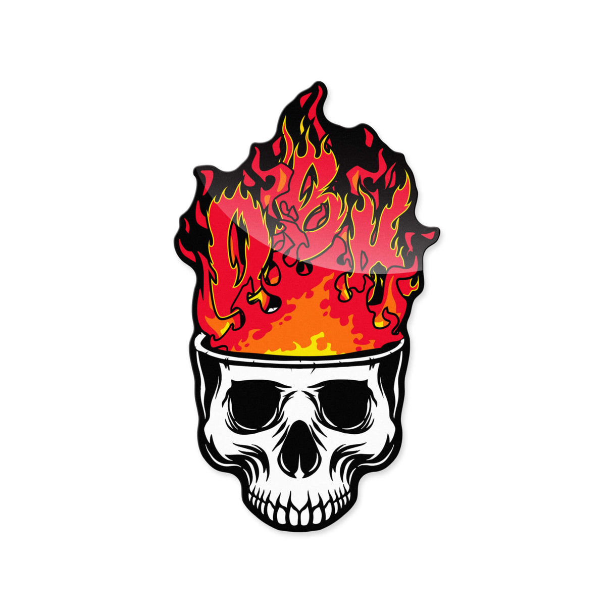 Flame skull sticker with yellow-orange fire and white-black skull face