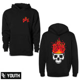 Black youth pullover hoodie with front pocket and red small logo print