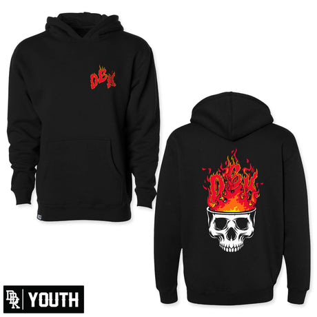 Black youth pullover hoodie with front pocket and red small logo print