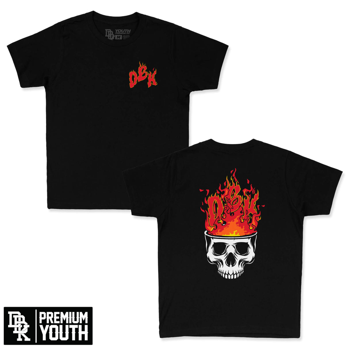 Youth premium tee pair: black front dBk logo and flame skull back print