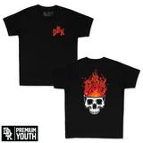 Youth premium tee pair: black front dBk logo and flame skull back print
