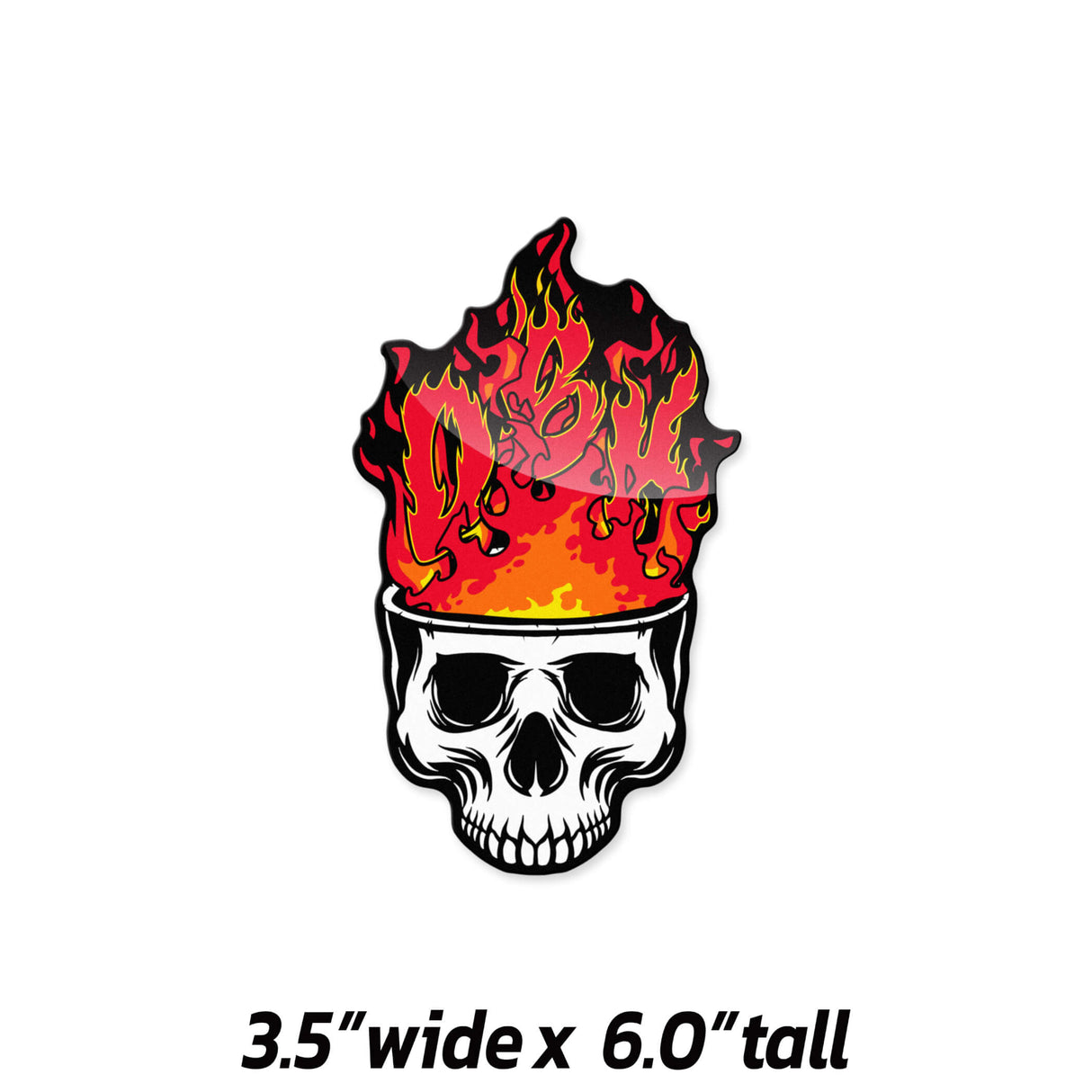 Flame skull sticker, 3.5" wide x 6.0" tall, yellow-red flames over white skull