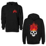 Black youth hoodie front and back views, red logo front and flame skull back