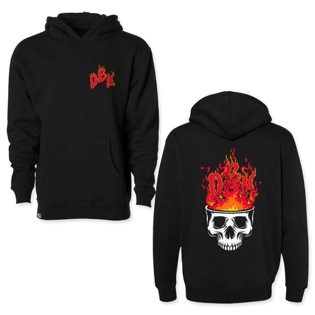 Black youth hoodie front and back views, red logo front and flame skull back
