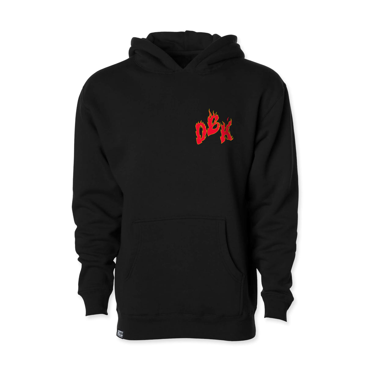Black youth hoodie with hood and front pocket; small red back logo