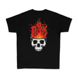 Youth premium tee, black with large flame skull graphic on back