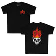 Youth premium tee pair: black shirts, small dBk front print and skull flames back